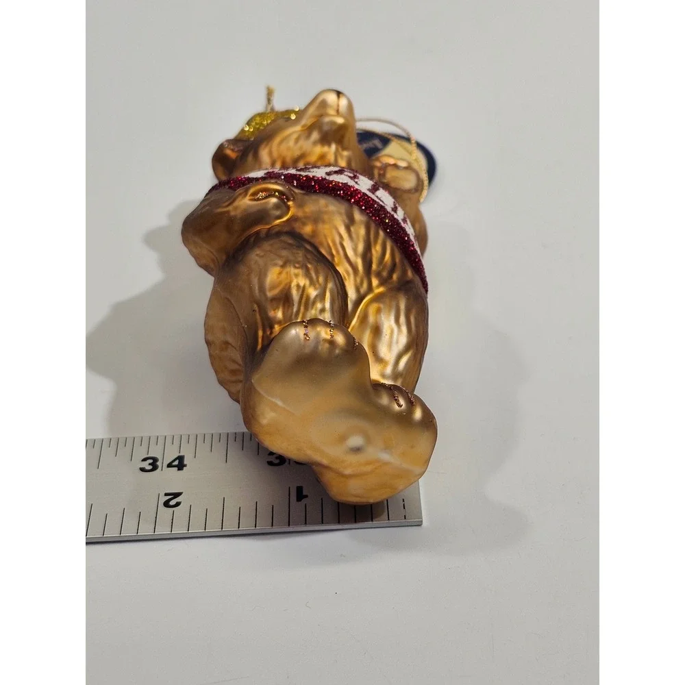 Inge-Glas Berlin Bear Glass Christmas Ornament Gold Glitter Sash Germany NEW
